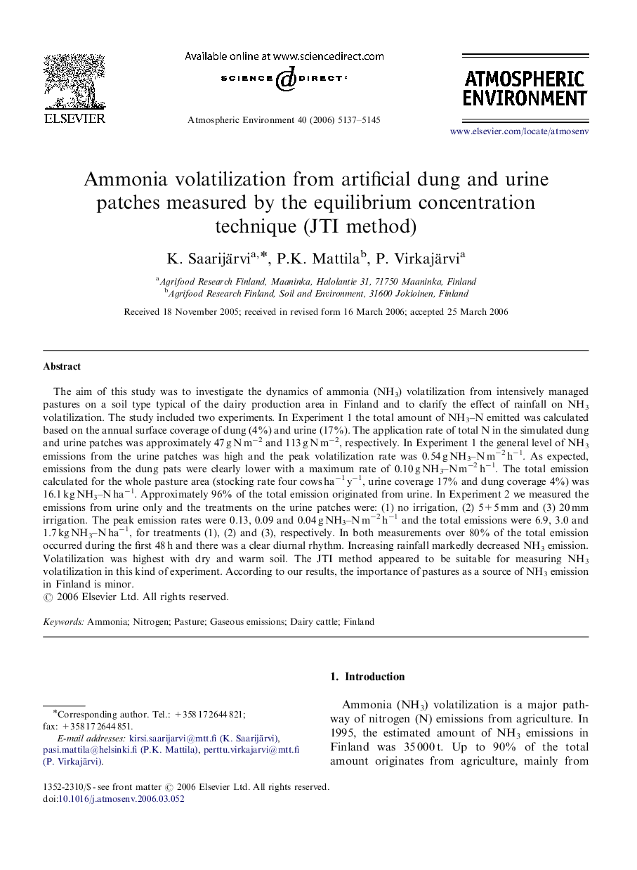 Ammonia volatilization from artificial dung and urine patches measured by the equilibrium concentration technique (JTI method)