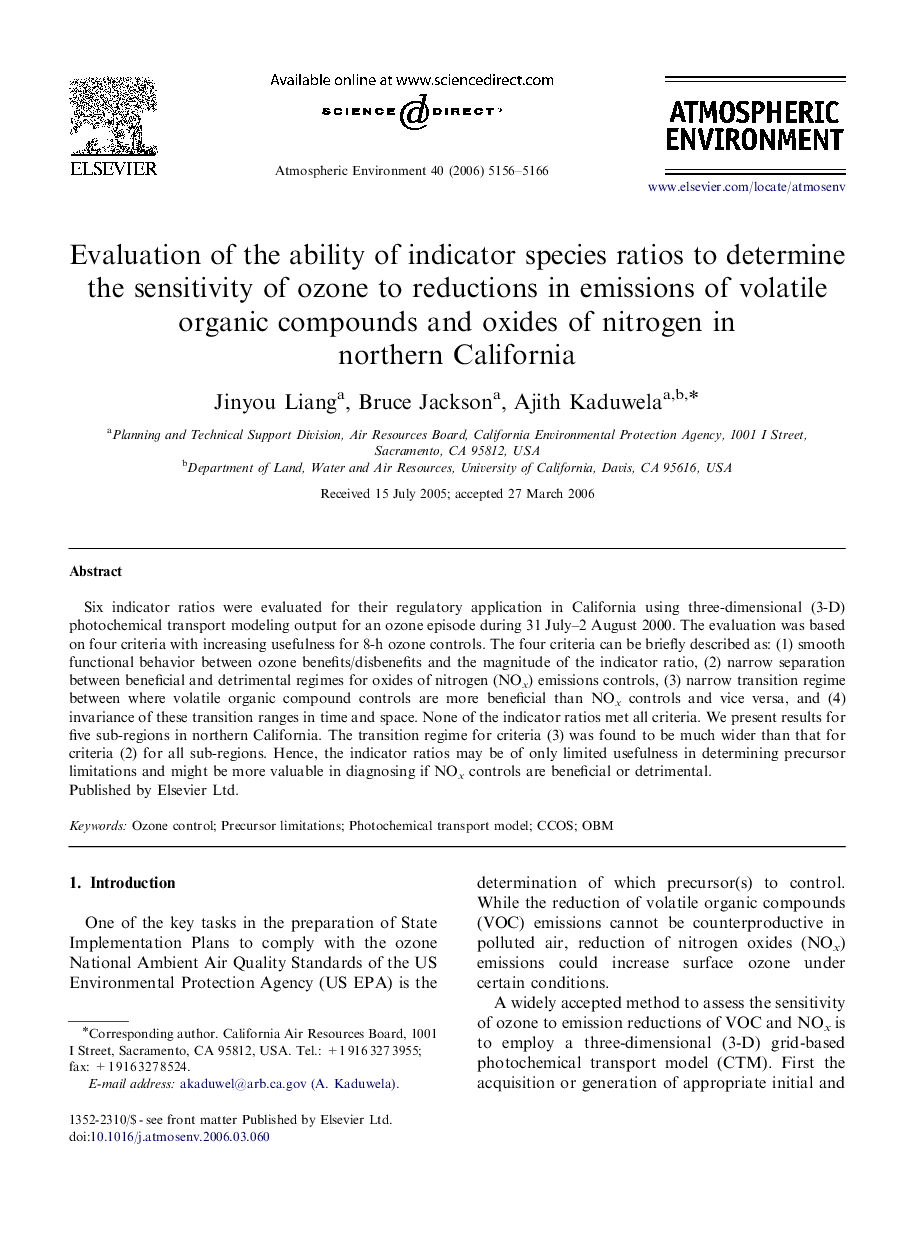 Evaluation of the ability of indicator species ratios to determine the sensitivity of ozone to reductions in emissions of volatile organic compounds and oxides of nitrogen in northern California