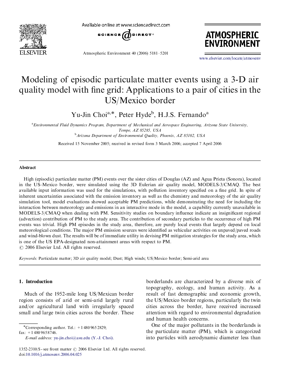 Modeling of episodic particulate matter events using a 3-D air quality model with fine grid: Applications to a pair of cities in the US/Mexico border