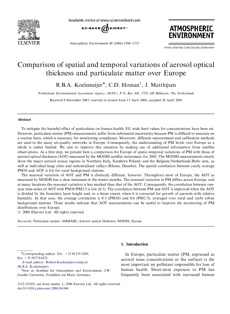 Comparison of spatial and temporal variations of aerosol optical thickness and particulate matter over Europe