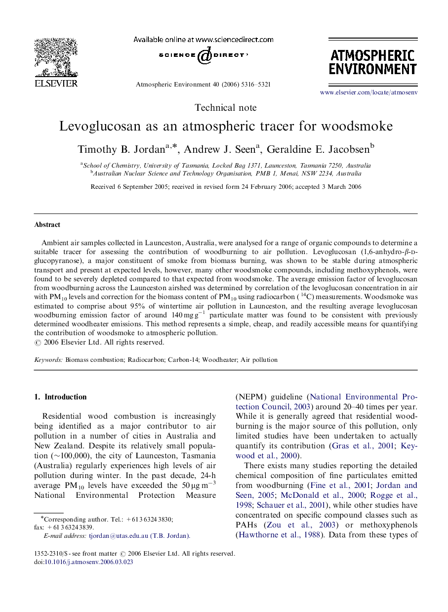 Levoglucosan as an atmospheric tracer for woodsmoke