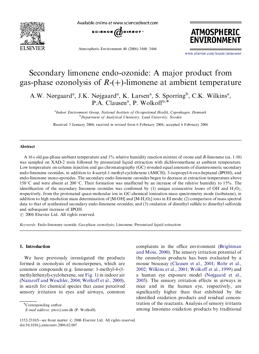 Secondary limonene endo-ozonide: A major product from gas-phase ozonolysis of RR-(++)-limonene at ambient temperature