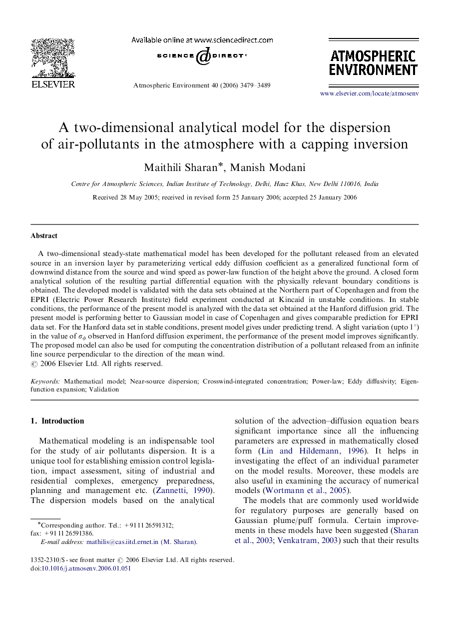 A two-dimensional analytical model for the dispersion of air-pollutants in the atmosphere with a capping inversion