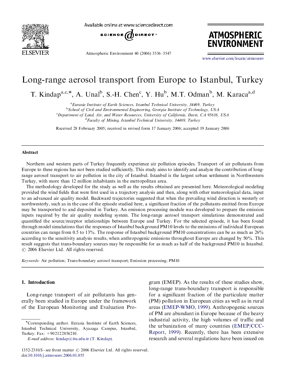 Long-range aerosol transport from Europe to Istanbul, Turkey