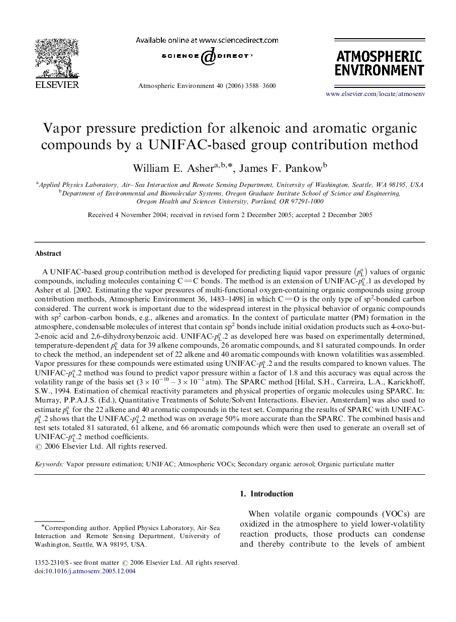 Vapor pressure prediction for alkenoic and aromatic organic compounds by a UNIFAC-based group contribution method