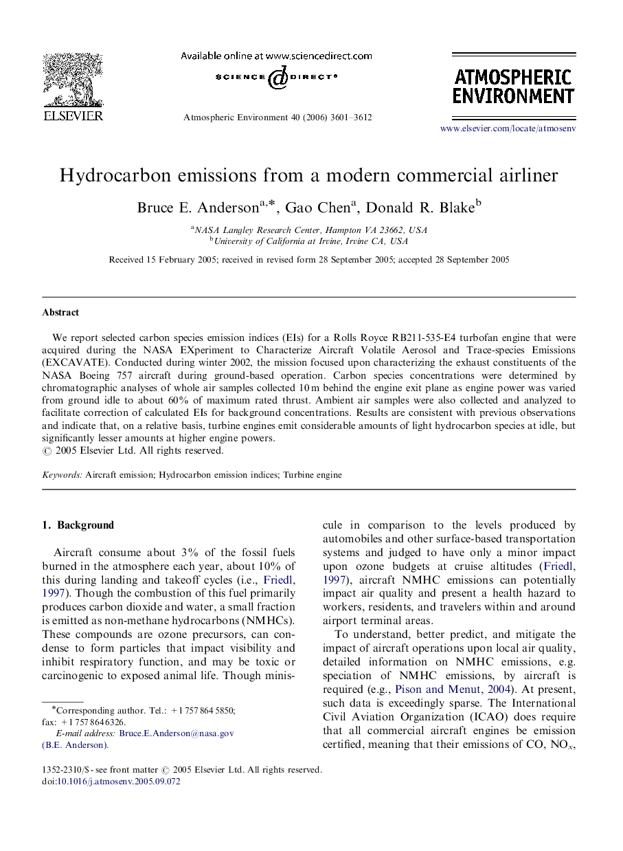 Hydrocarbon emissions from a modern commercial airliner