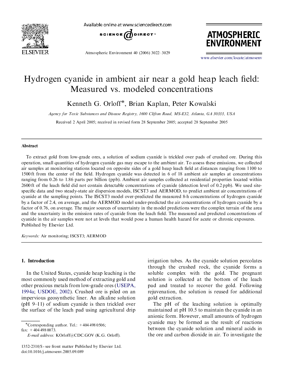 Hydrogen cyanide in ambient air near a gold heap leach field: Measured vs. modeled concentrations