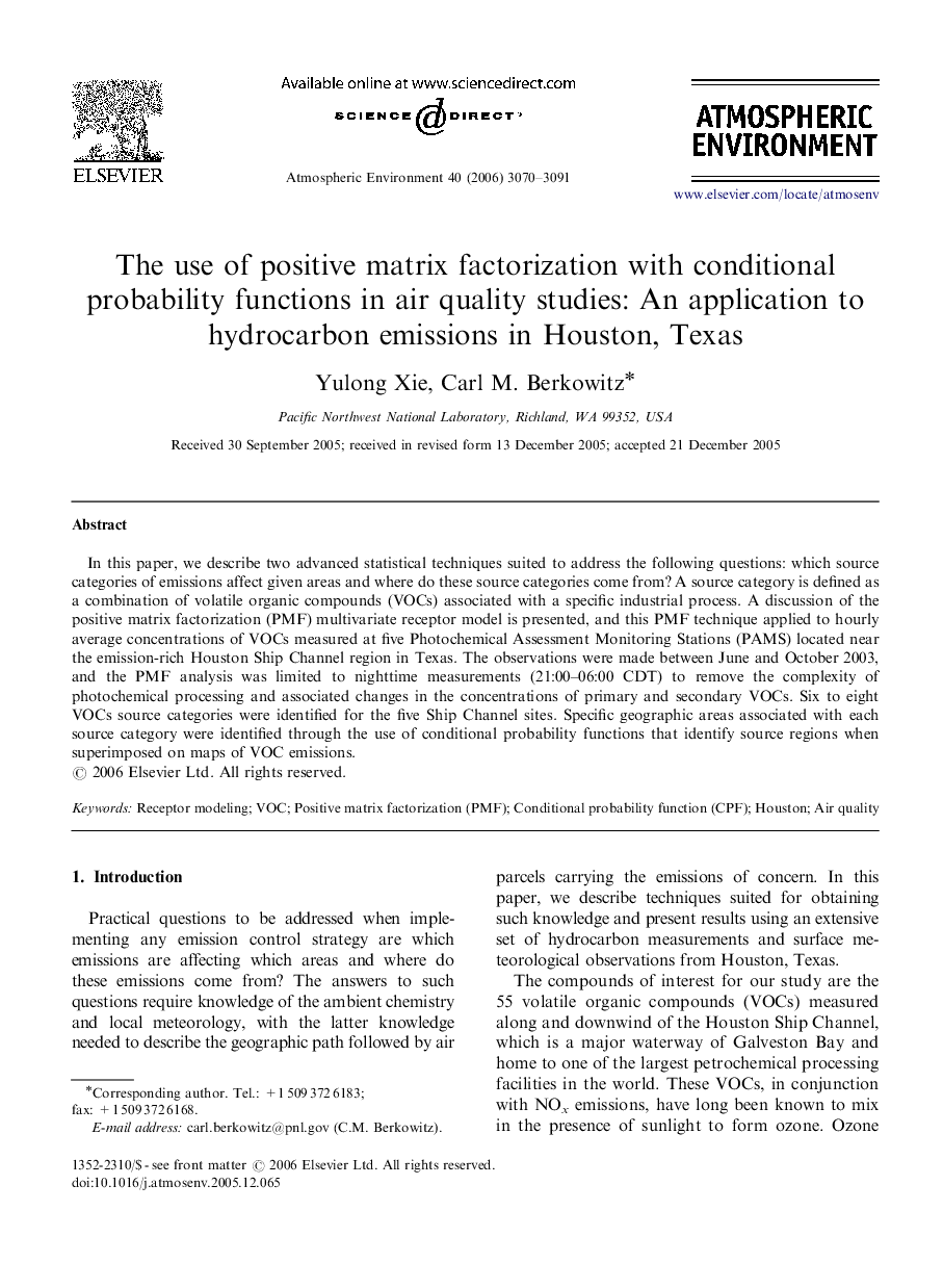 The use of positive matrix factorization with conditional probability functions in air quality studies: An application to hydrocarbon emissions in Houston, Texas