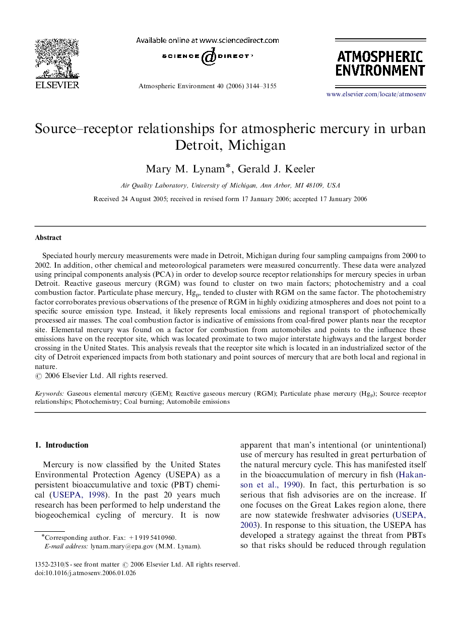 Source–receptor relationships for atmospheric mercury in urban Detroit, Michigan