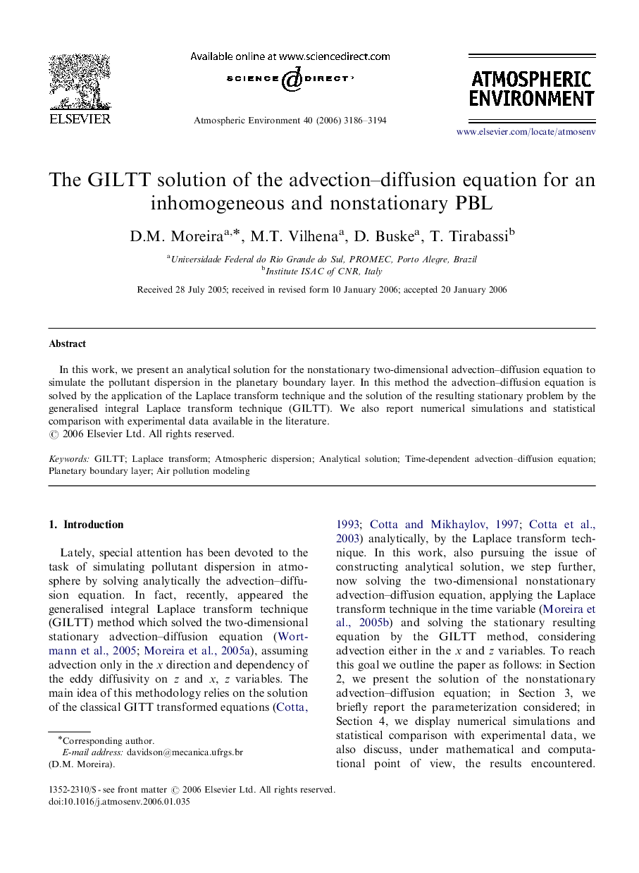 The GILTT solution of the advection–diffusion equation for an inhomogeneous and nonstationary PBL