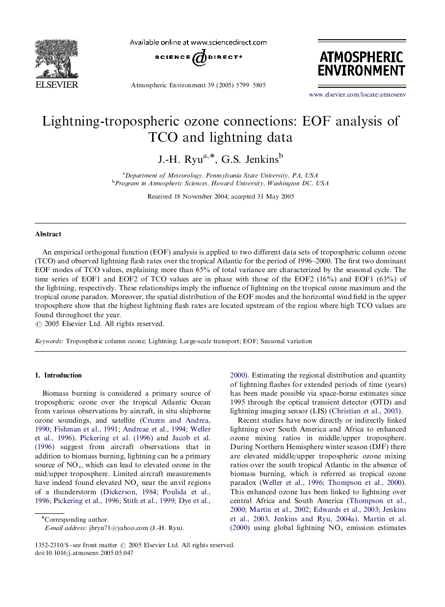 Lightning-tropospheric ozone connections: EOF analysis of TCO and lightning data