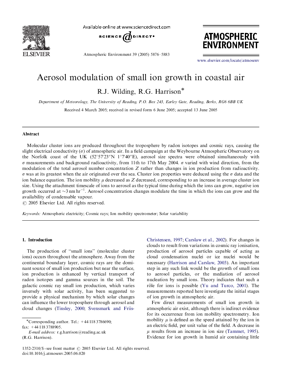 Aerosol modulation of small ion growth in coastal air