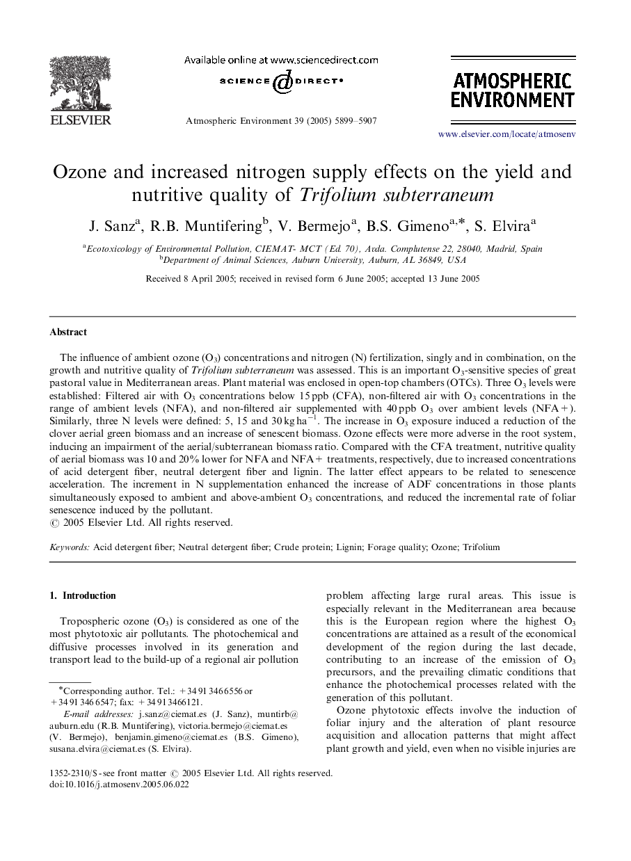 Ozone and increased nitrogen supply effects on the yield and nutritive quality of Trifolium subterraneum