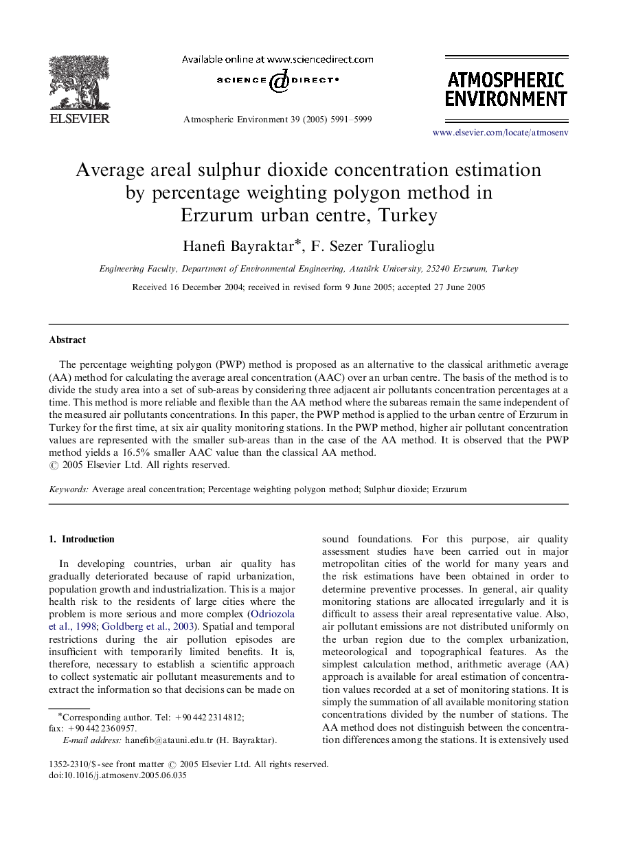 Average areal sulphur dioxide concentration estimation by percentage weighting polygon method in Erzurum urban centre, Turkey