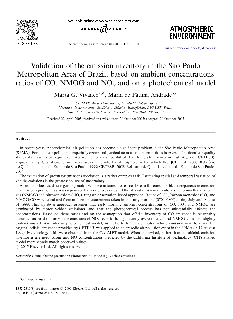 Validation of the emission inventory in the Sao Paulo Metropolitan Area of Brazil, based on ambient concentrations ratios of CO, NMOG and NOx and on a photochemical model