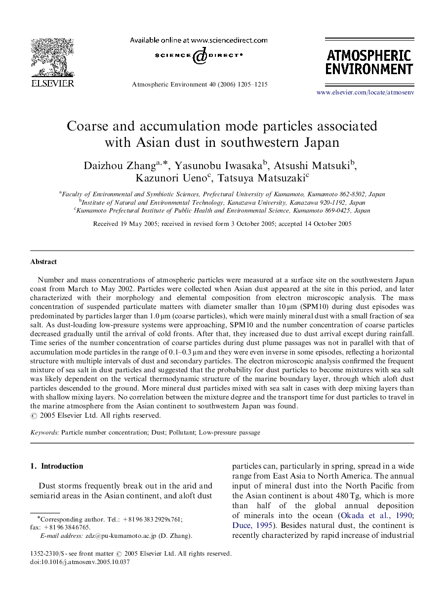 Coarse and accumulation mode particles associated with Asian dust in southwestern Japan