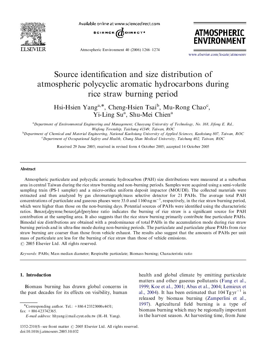 Source identification and size distribution of atmospheric polycyclic aromatic hydrocarbons during rice straw burning period