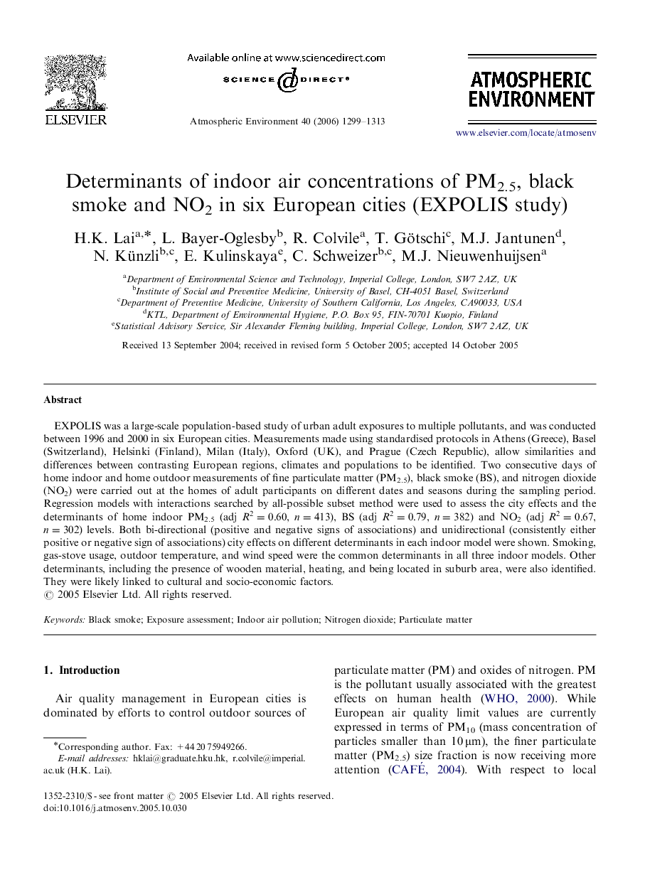 Determinants of indoor air concentrations of PM2.5, black smoke and NO2 in six European cities (EXPOLIS study)