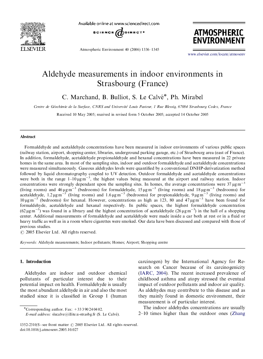 Aldehyde measurements in indoor environments in Strasbourg (France)