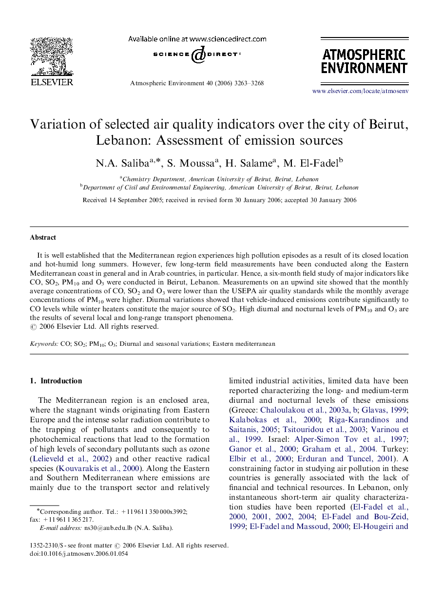 Variation of selected air quality indicators over the city of Beirut, Lebanon: Assessment of emission sources