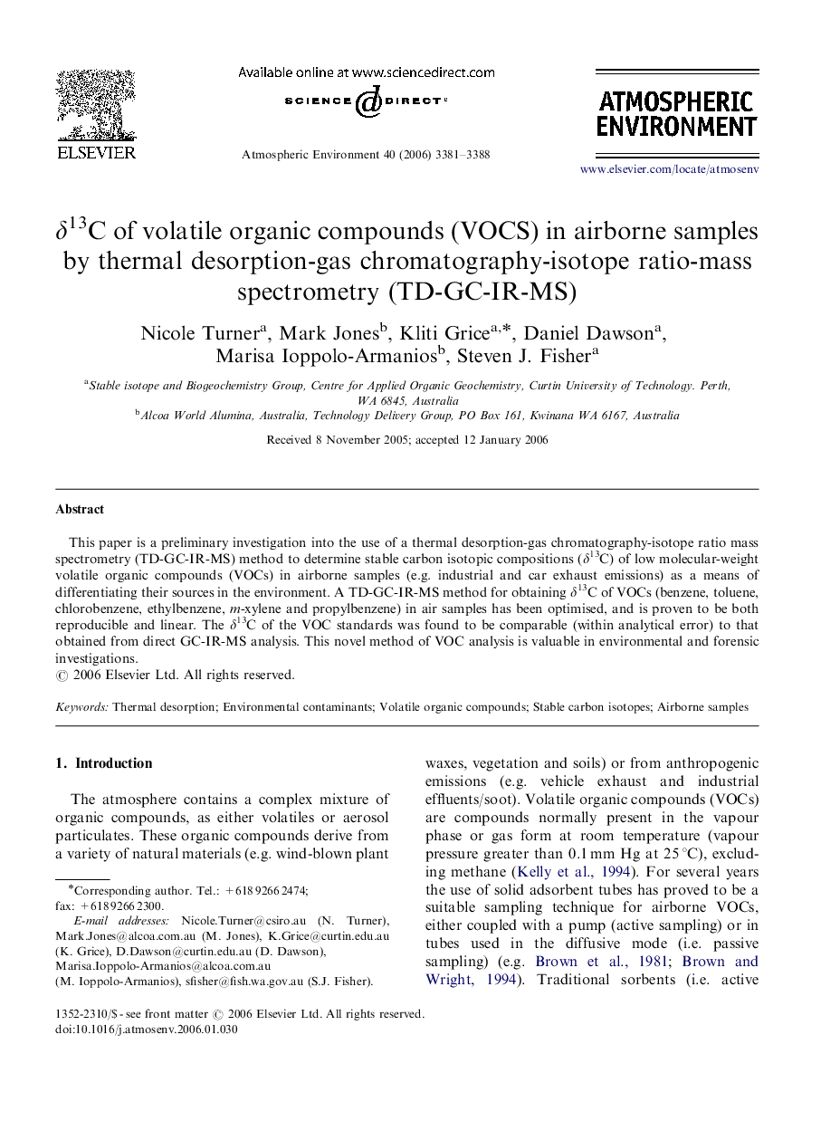 δ13C of volatile organic compounds (VOCS) in airborne samples by thermal desorption-gas chromatography-isotope ratio-mass spectrometry (TD-GC-IR-MS)