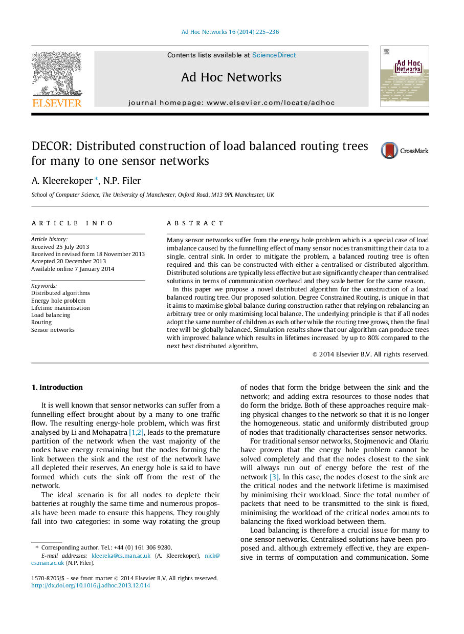 DECOR: Distributed construction of load balanced routing trees for many to one sensor networks