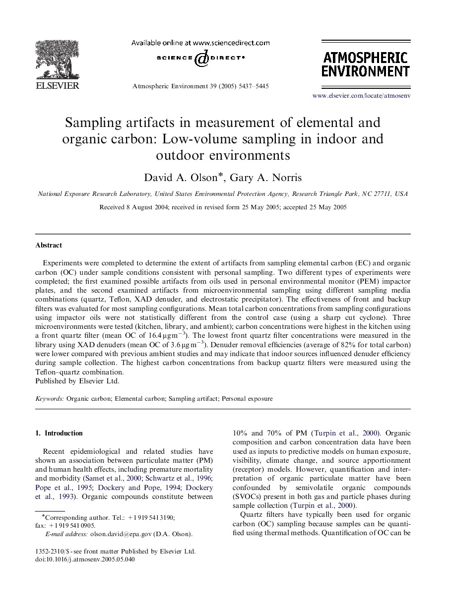 Sampling artifacts in measurement of elemental and organic carbon: Low-volume sampling in indoor and outdoor environments