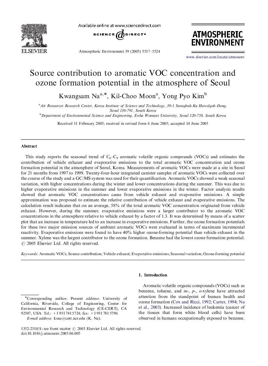 Source contribution to aromatic VOC concentration and ozone formation potential in the atmosphere of Seoul