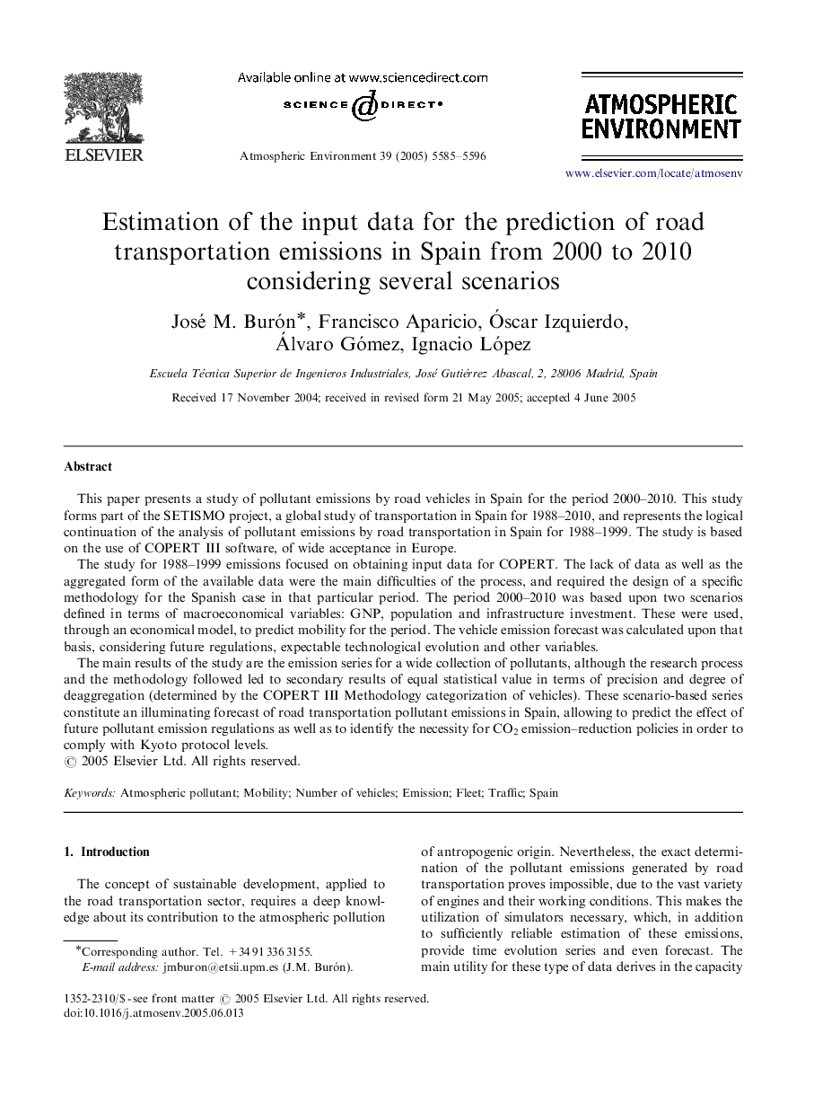 Estimation of the input data for the prediction of road transportation emissions in Spain from 2000 to 2010 considering several scenarios