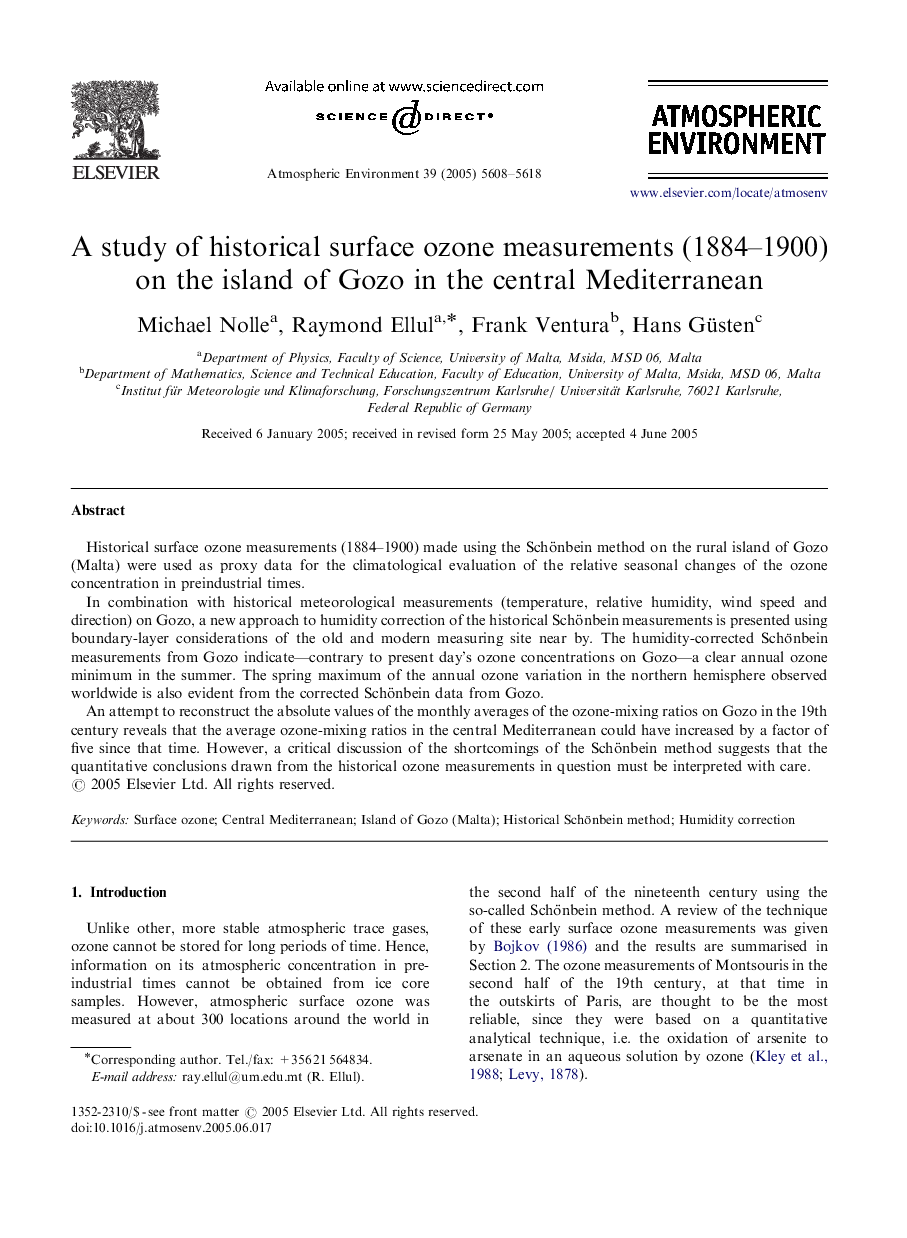 A study of historical surface ozone measurements (1884–1900) on the island of Gozo in the central Mediterranean