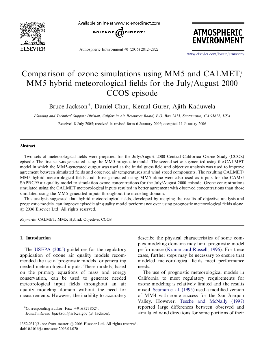 Comparison of ozone simulations using MM5 and CALMET/MM5 hybrid meteorological fields for the July/August 2000 CCOS episode