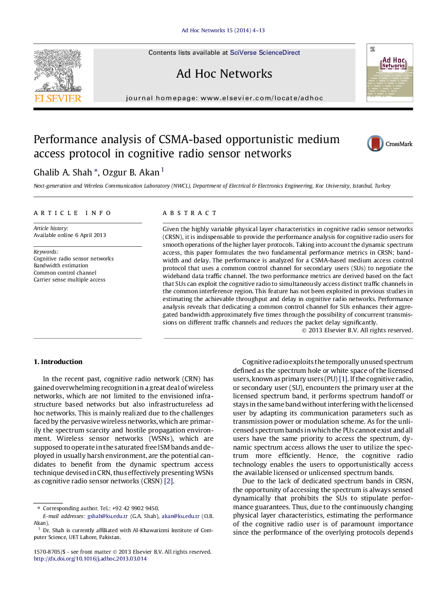 Performance analysis of CSMA-based opportunistic medium access protocol in cognitive radio sensor networks