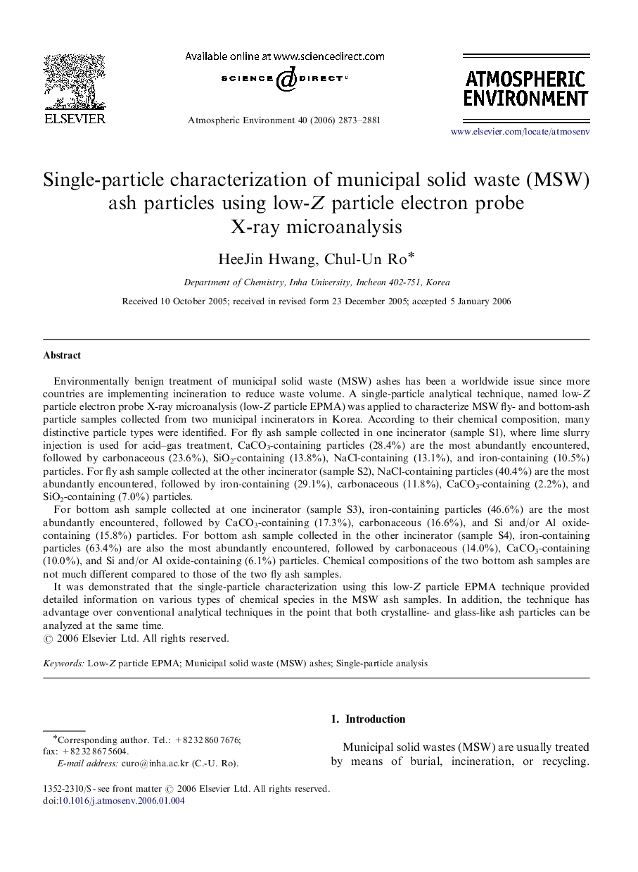 Single-particle characterization of municipal solid waste (MSW) ash particles using low-Z particle electron probe X-ray microanalysis