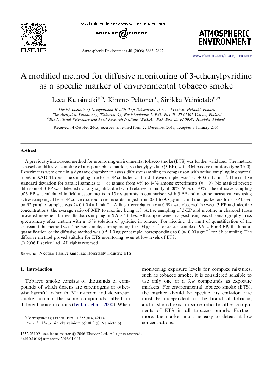 A modified method for diffusive monitoring of 3-ethenylpyridine as a specific marker of environmental tobacco smoke