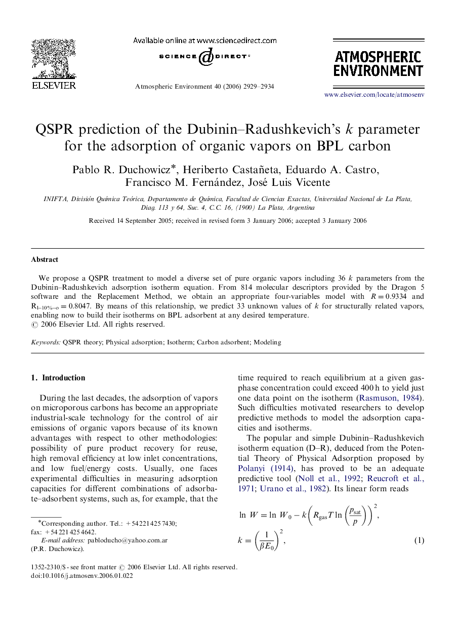 QSPR prediction of the Dubinin–Radushkevich's k parameter for the adsorption of organic vapors on BPL carbon