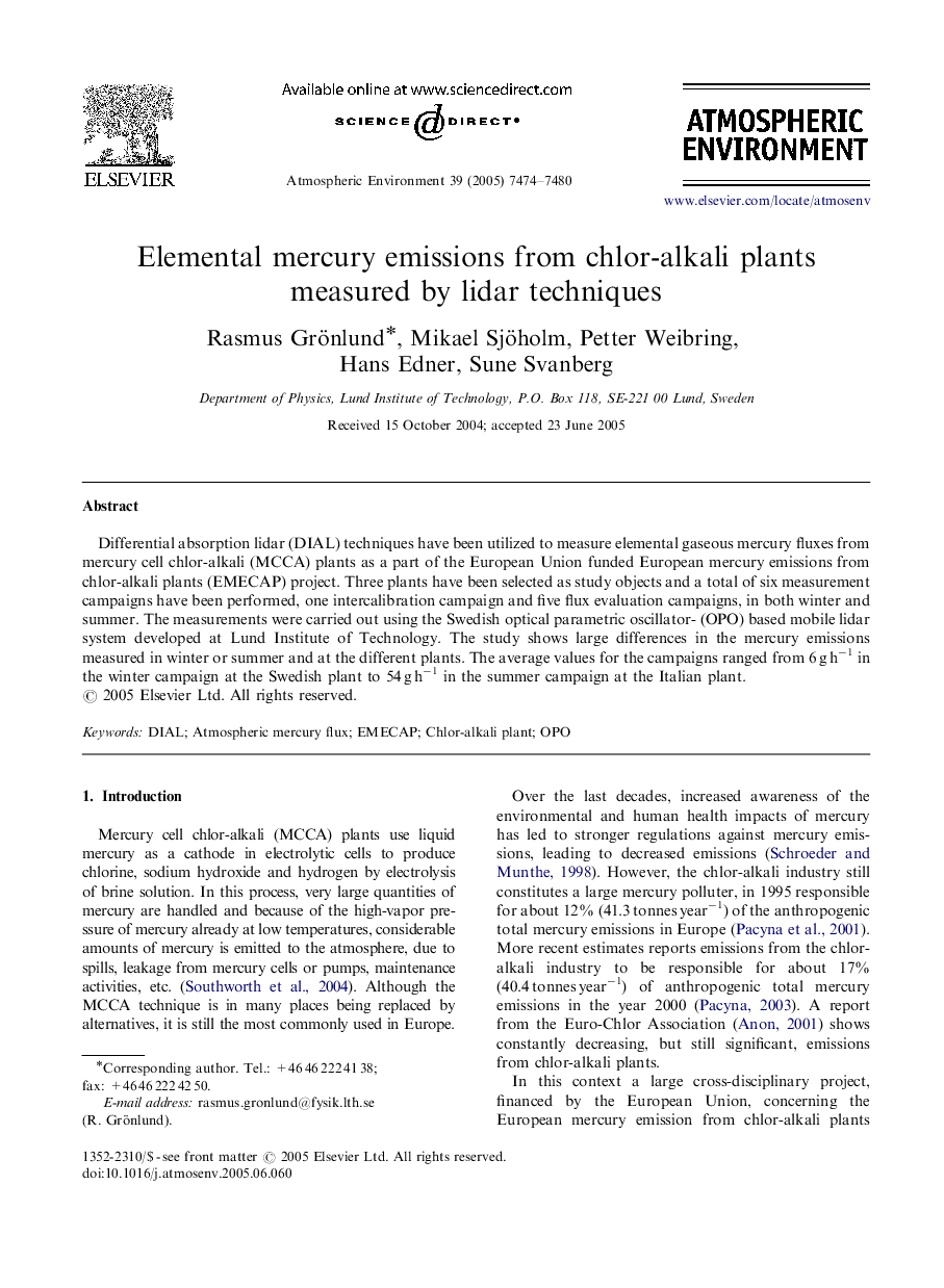 Elemental mercury emissions from chlor-alkali plants measured by lidar techniques
