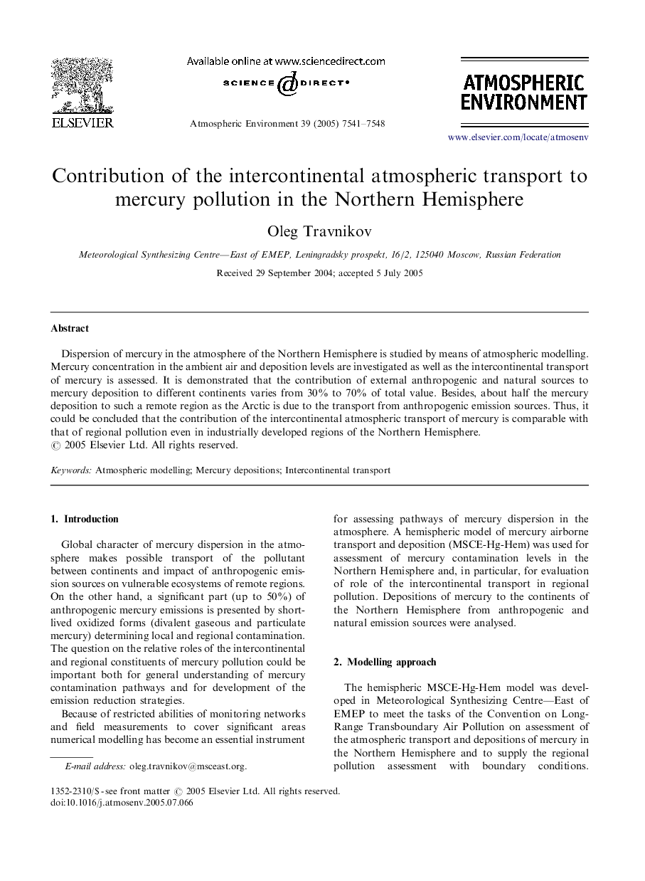 Contribution of the intercontinental atmospheric transport to mercury pollution in the Northern Hemisphere