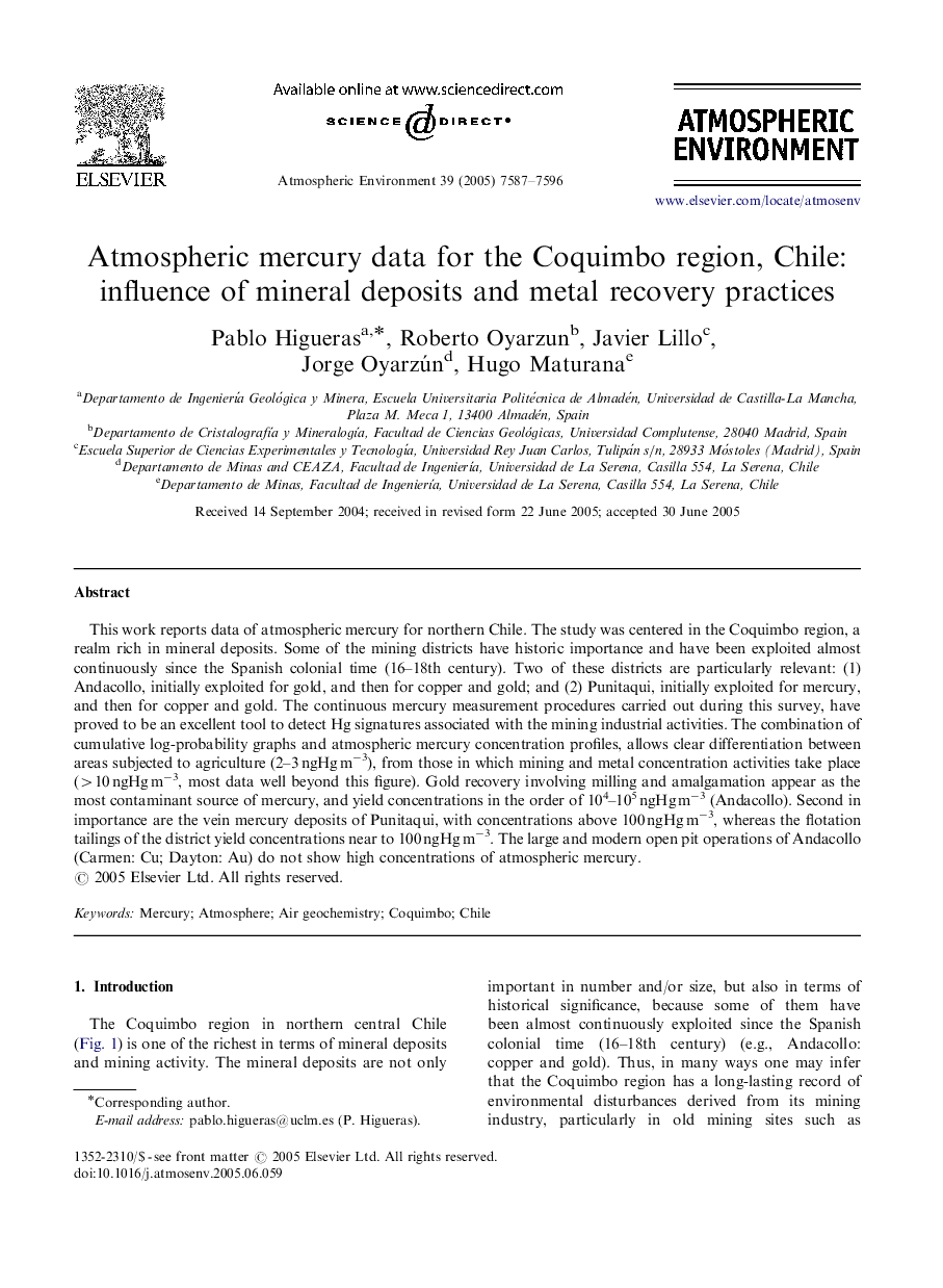 Atmospheric mercury data for the Coquimbo region, Chile: influence of mineral deposits and metal recovery practices