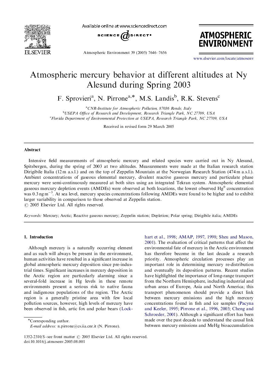 Atmospheric mercury behavior at different altitudes at Ny Alesund during Spring 2003