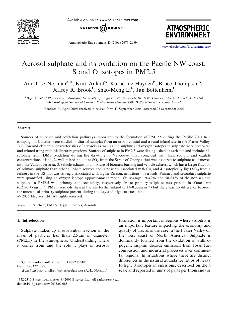 Aerosol sulphate and its oxidation on the Pacific NW coast: S and O isotopes in PM2.5