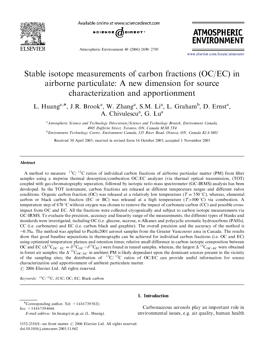 Stable isotope measurements of carbon fractions (OC/EC) in airborne particulate: A new dimension for source characterization and apportionment