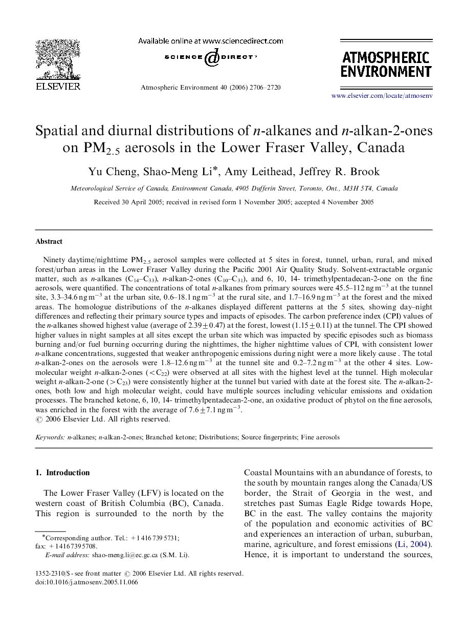 Spatial and diurnal distributions of n-alkanes and n-alkan-2-ones on PM2.5 aerosols in the Lower Fraser Valley, Canada