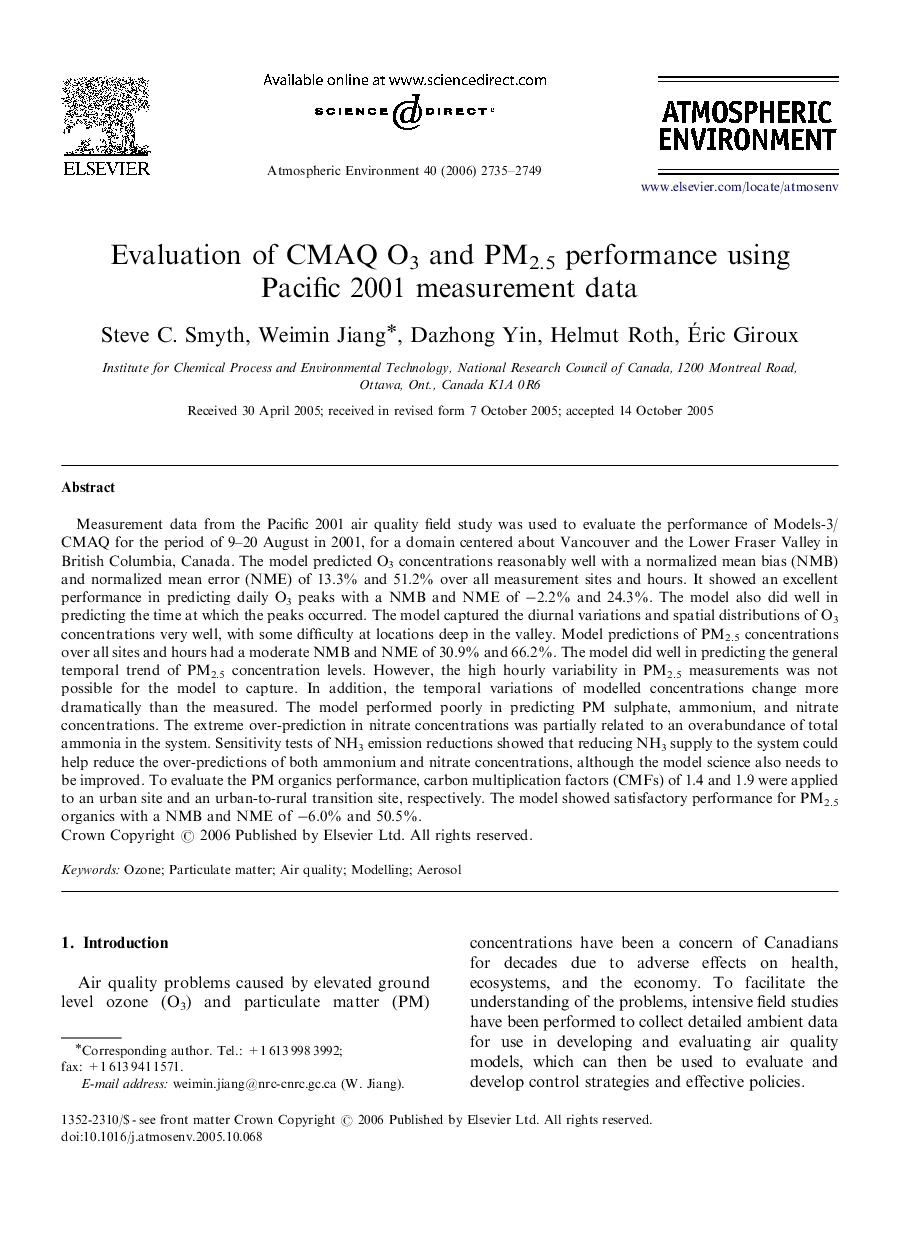 Evaluation of CMAQ O3 and PM2.5 performance using Pacific 2001 measurement data