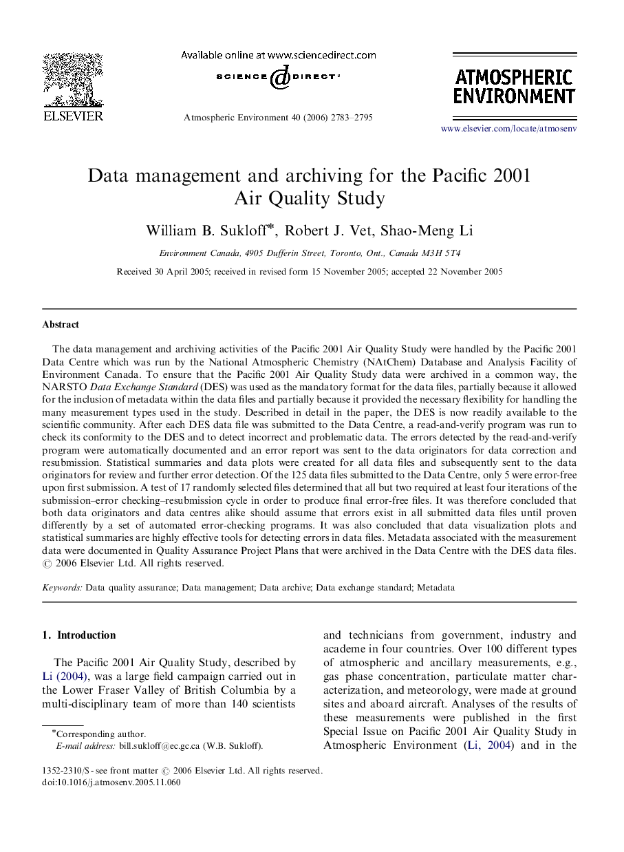 Data management and archiving for the Pacific 2001 Air Quality Study