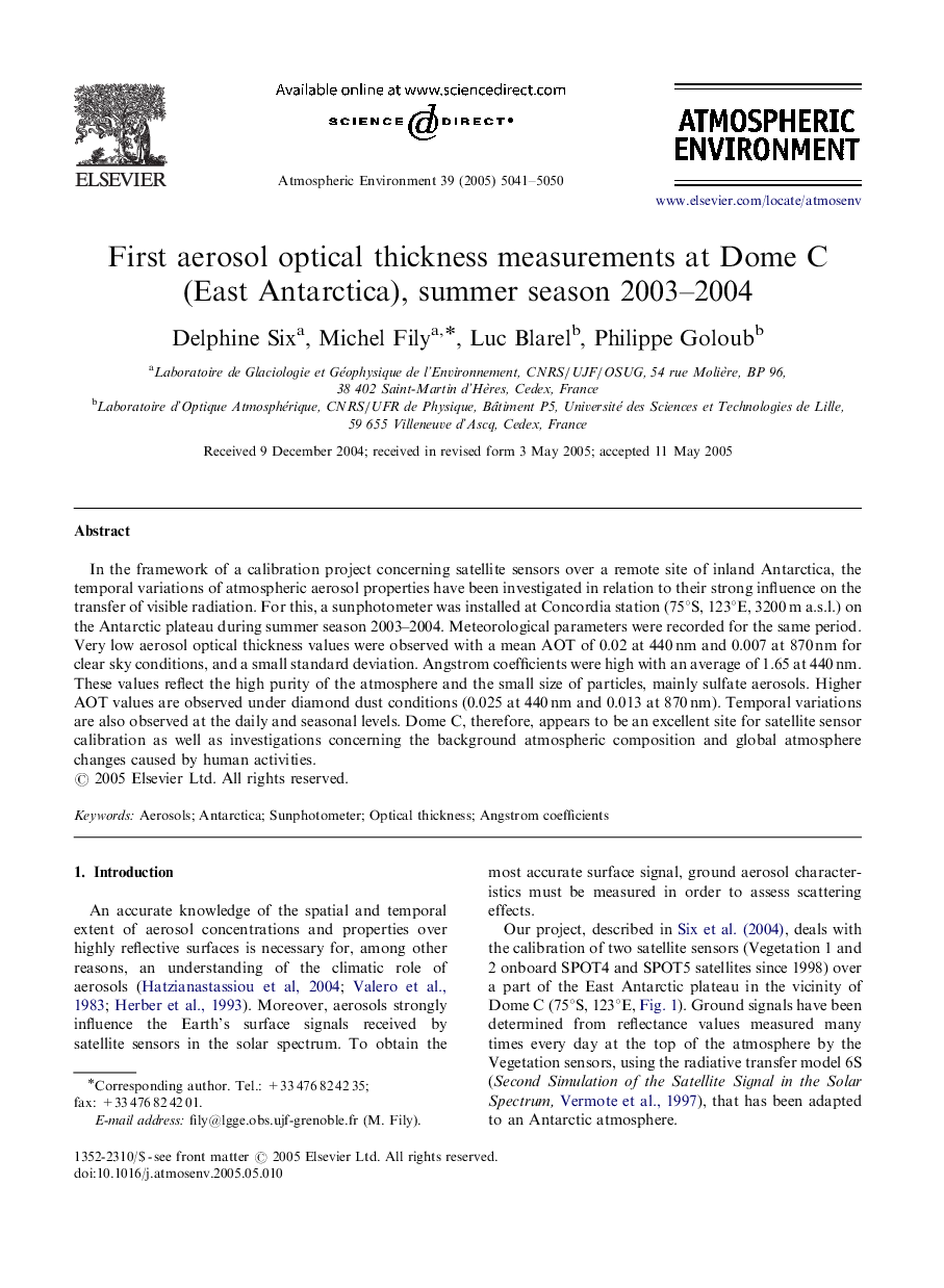 First aerosol optical thickness measurements at Dome C (East Antarctica), summer season 2003–2004