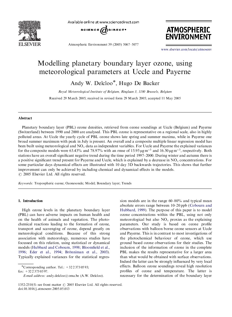 Modelling planetary boundary layer ozone, using meteorological parameters at Uccle and Payerne