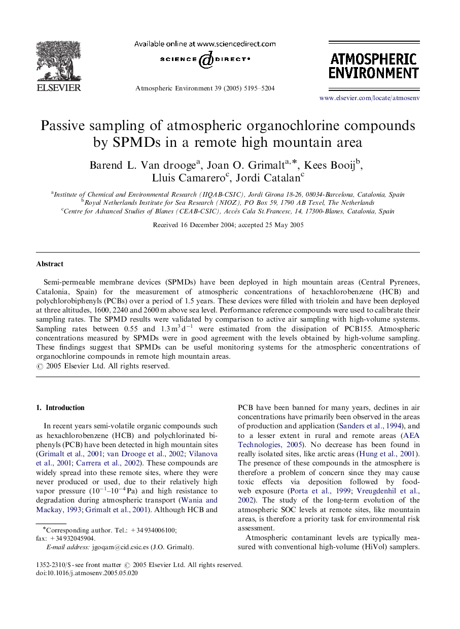 Passive sampling of atmospheric organochlorine compounds by SPMDs in a remote high mountain area