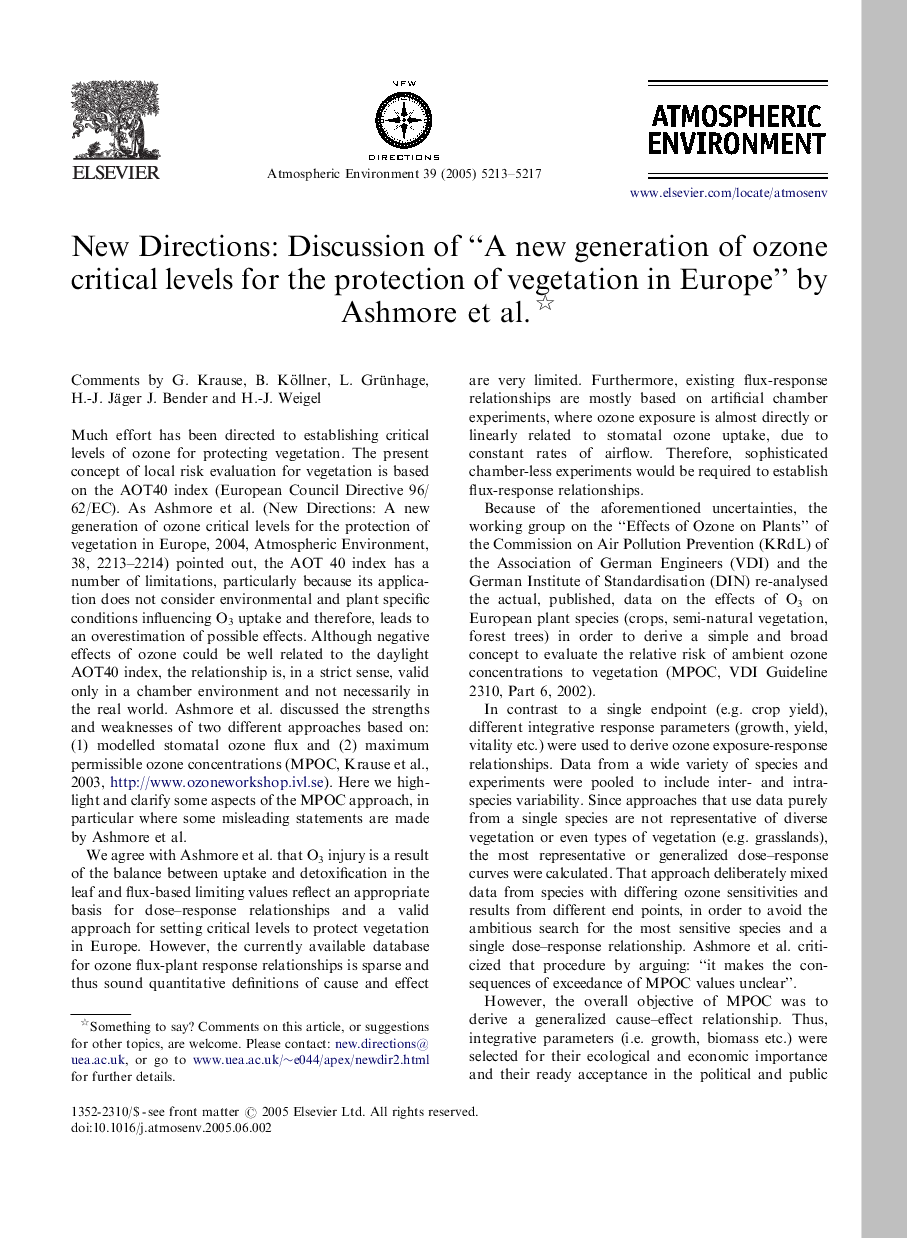New Directions: Discussion of “A new generation of ozone critical levels for the protection of vegetation in Europe” by Ashmore et al.