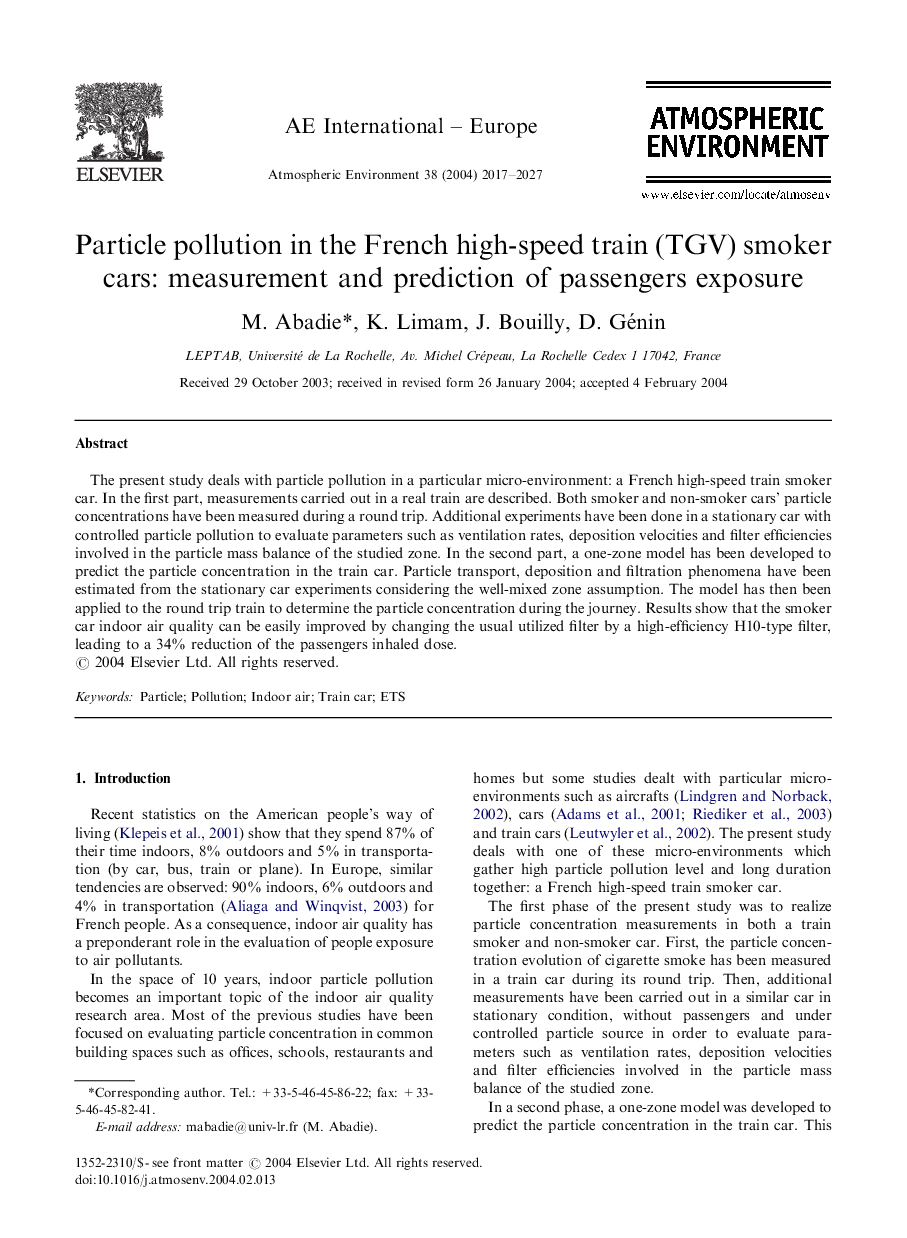 Particle pollution in the French high-speed train (TGV) smoker cars: measurement and prediction of passengers exposure