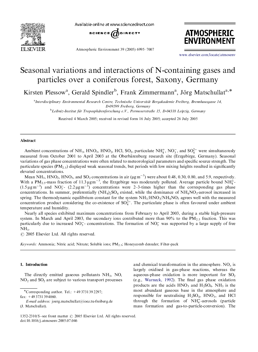 Seasonal variations and interactions of N-containing gases and particles over a coniferous forest, Saxony, Germany